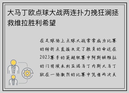 大马丁欧点球大战两连扑力挽狂澜拯救维拉胜利希望 大马丁欧点球大战两连扑力挽狂澜拯救维拉胜利希望