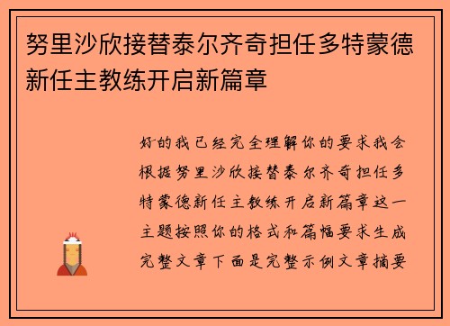 努里沙欣接替泰尔齐奇担任多特蒙德新任主教练开启新篇章